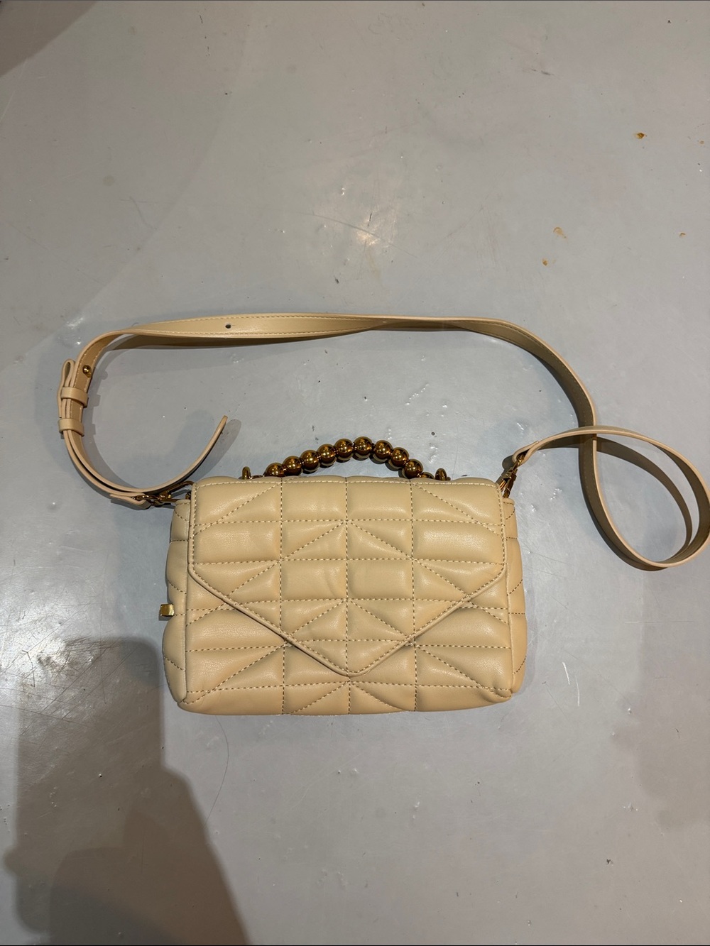 Quilted Cream Crossbody Bag with Beaded Top Handle